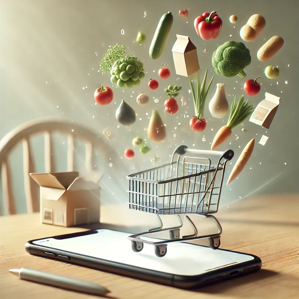 Image with groceries filling a cart that is floating about a phone